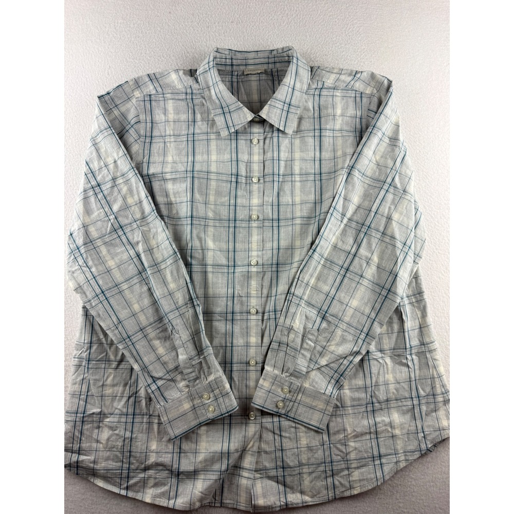 Talbots Womens Grey Blue Plaid 100% Cotton Button Down Long Sleeve Shirt Size XL